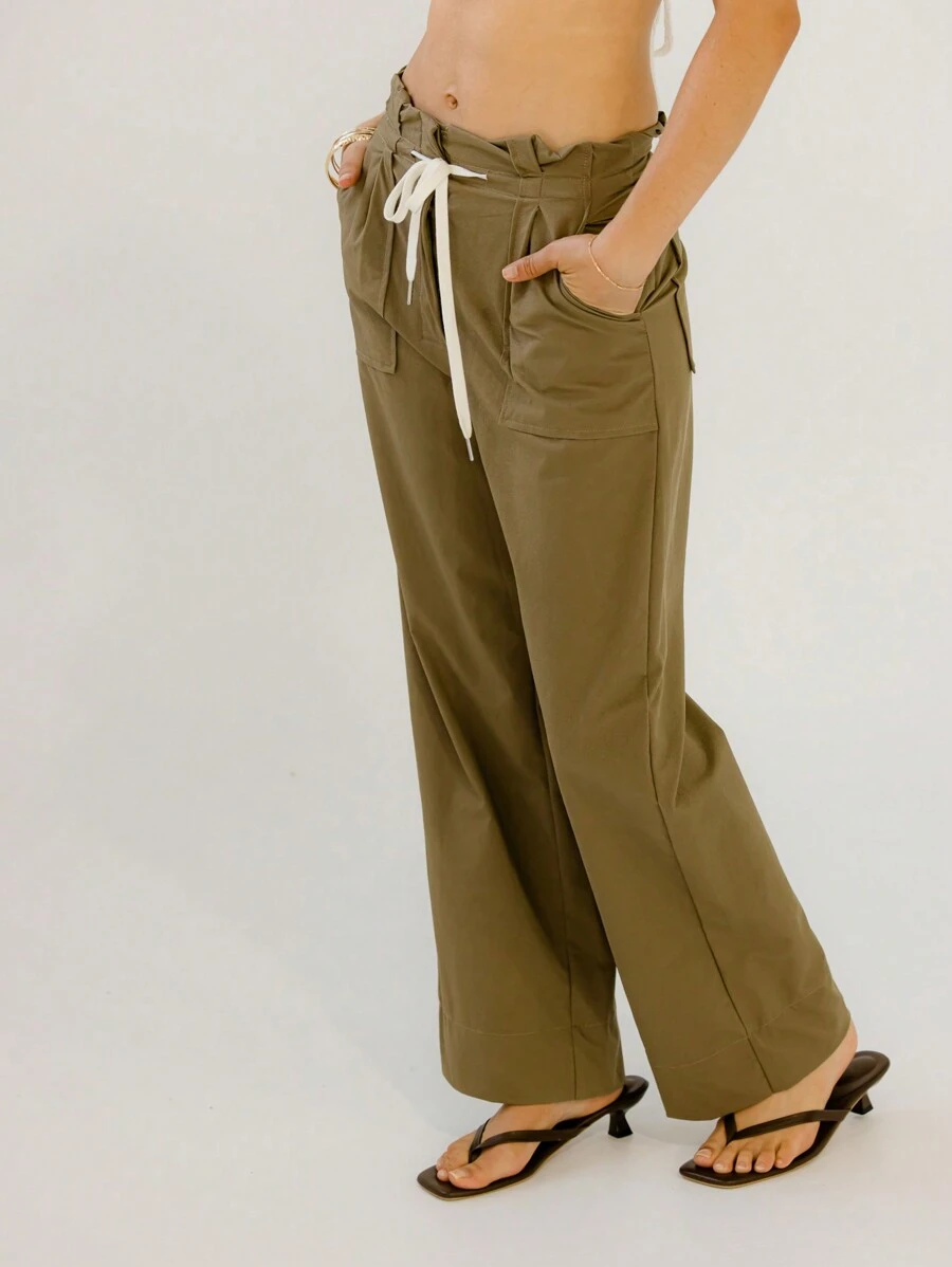 Aralina Utility-Inspired Paperbag Waist Khaki Pants - Army Green - View 1