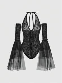 ROMWE Goth Gothic Valentine's Day Black Lace Wrap-Around Sleeves Halter See-Through Bodysuit For Women, Spring/Summer