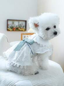 PETSIN 1pc Pet Dog Cat General Spring/Summer Embroidered Pastoral Bow Decor Cute Dress - White - View 7