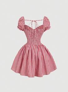 SHEIN MOD Vestido Xadrez Vermelho e Branco Cottagecore, Vestidos de Verão para Mulheres, Looks de Praia para Mulheres - Vermelho e Branco - Visão 5