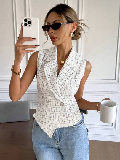 Serisse Women Elegant Commute Little Fragrant Wind Plaid Notched Collar Sleeveless Button-Up Blazer,Office Elegant Commuter Outfits,For Daily Wear,Suitable For Spring, Summer And Autumn,Elegant Blazer,Sleeveless Blazer,Slim Fit Blazer