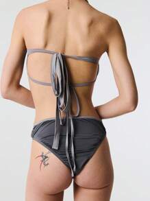 SHEIN Unity Text Print Cut Out Waist Tie Back Bandeau BodySuit - Grey - View 2