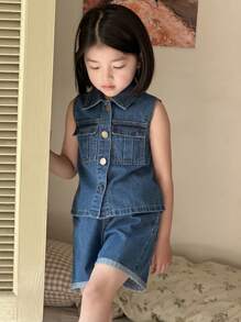 Dazy Kids 小女孩无袖上衣和裤子牛仔套装，女孩夏季服装 - 藍色 - 查看 4