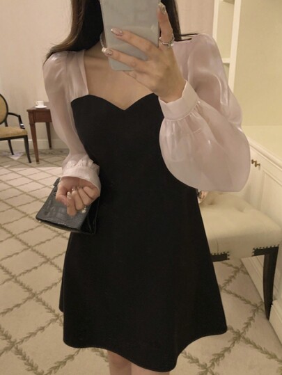 DAZY Women's Color Block Casual Elegant Korean Style Long Sleeve Midi Dress,Fall Dress