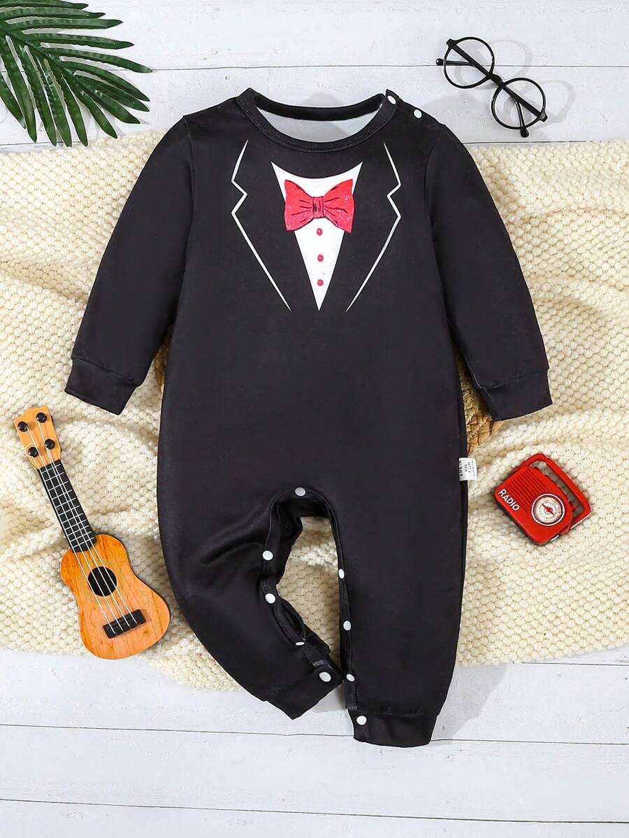 Infant & Toddler Boys' Elegant Casual Printed Open Shoulder Long Sleeve One-Piece Jumpsuit, Loungewear - Black - View 1