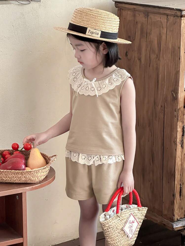 2pcs/Set Young Girl Patchwork Burn-Out Embroidered Ruffle Trim Crop Top And Shorts Set,Girls Summer Outfits Vacation