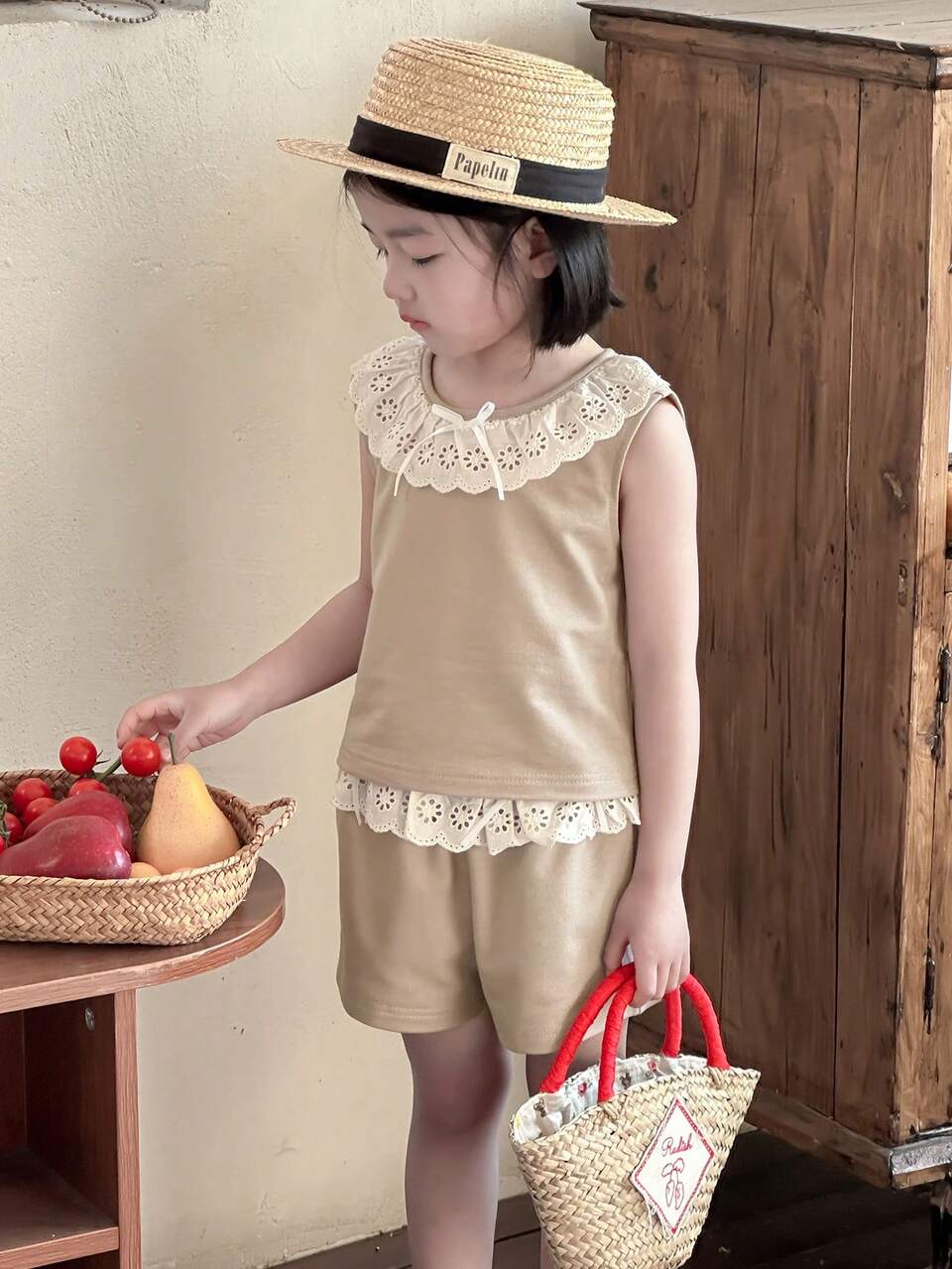 2pcs/Set Young Girl Patchwork Burn-Out Embroidered Ruffle Trim Crop Top And Shorts Set,Girls Summer Outfits Vacation