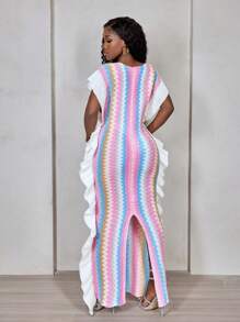 BamGleam Women Striped V-Neck Ruffle Patchwork Slim Sweater Dress - Multicolor - View 2