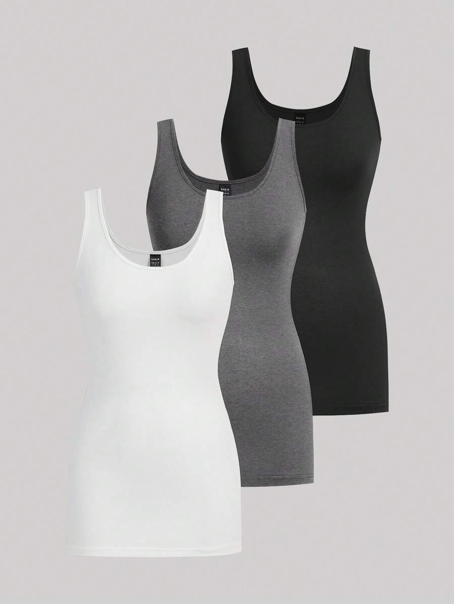SHEIN Essnce 3pcs Women Long Knitted Camisole, White Grey Black Everyday Summer Casual - Grey - View 1