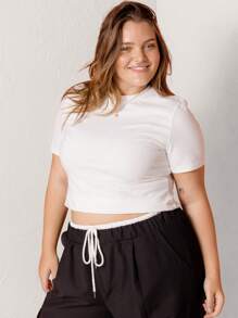 SHEIN Aralina-E Women Plus Size Solid Color Round Neck Short Sleeve Casual Versatile T-Shirt - White - View 7