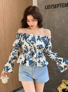 DAZY Blouse met off-shoulder bloemenprint en ruches voor dames