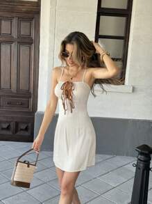 SHEIN Unity Women's Hollow Splice Contrast Color Tie-Up Short Casual Minimalist Vacation Style Dress - Apricot - View 6