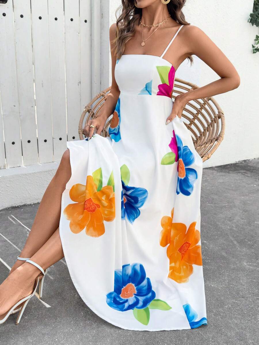 Breezaya Women's Casual Vacation Fresh Printed Spaghetti Strap Backless Dress