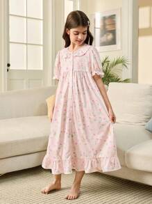 Tween-Mädchen Niedliches kurzärmliges Nachthemd mit Rüschenbesatz und Kaninchen- und Blumenmuster, geeignet für die Freizeit und zu Hause, Alltagskleidung, passende Geschwister-Outfits (2 Teile separat erhältlich)