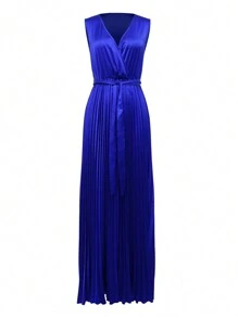 Women's Retro Modest Elegant Solid Color Pleated Hem Dress - Blue - View 1