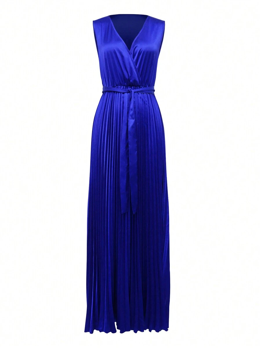 Women's Retro Modest Elegant Solid Color Pleated Hem Dress - Blue - View 1