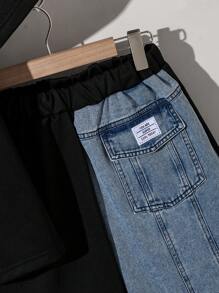 SHEIN Teenager Jungen Lässig minimalistisches Denim Patchwork T-Shirt kombiniert mit Shorts, geeignet für Frühling/Sommer Alltags Outfits