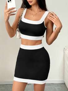 Chiquease 女士休闲黑白吊带背心和迷你裙套装，优雅夏季服装 - 黑與白 - 查看 1