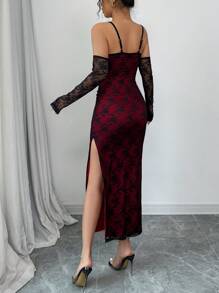 Rafferiza 蕾丝图案露肩无袖修身性感节日派对连衣裙 - 酒紅色 - 查看 2