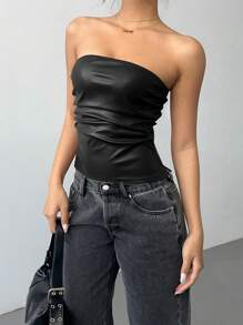 Siren Gaze 女士黑色皮革上衣时尚褶皱不对称下摆抹胸，适合外出和派对上衣，女士夏季服装，音乐节/音乐会女士服装 - 黑色 - 查看 8