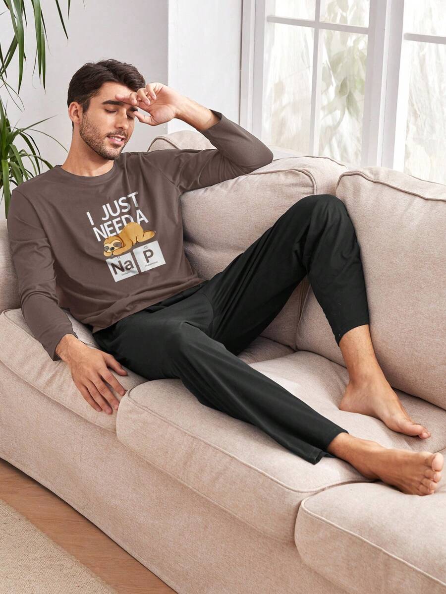 RueChic 棉质男士字母印花常规长袖 T 恤家居服套装 - 棕色 - 查看 1