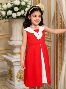 SHEIN Vestido informal suelto con cuello en V y parches de pliegues con decoración de lazo, que resalta la vitalidad juvenil, la inocencia adorable, el estilo personalizado y el entusiasmo dulce, perfecto para uso diario y fiestas, prenda esencial de primavera/verano y regalo de ropa para niñas jóvenes