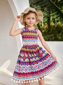 SHEIN Ramadan Young Girl Fashionable Printed Sleeveless Top With Tassel Hem, Matching Skirt, Suitable For Spring Summer Holiday - Multicolor - View 3