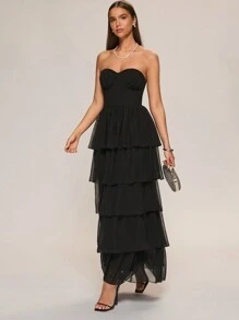 Glamine Vestido maxi elegante de gala de gasa con volante y volantes, vestido negro, bono de pastel