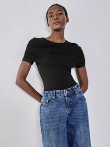 Chiquease Camiseta feminina gola redonda capelete transparente lisonjeira solta manga curta - Preto - Ver 4