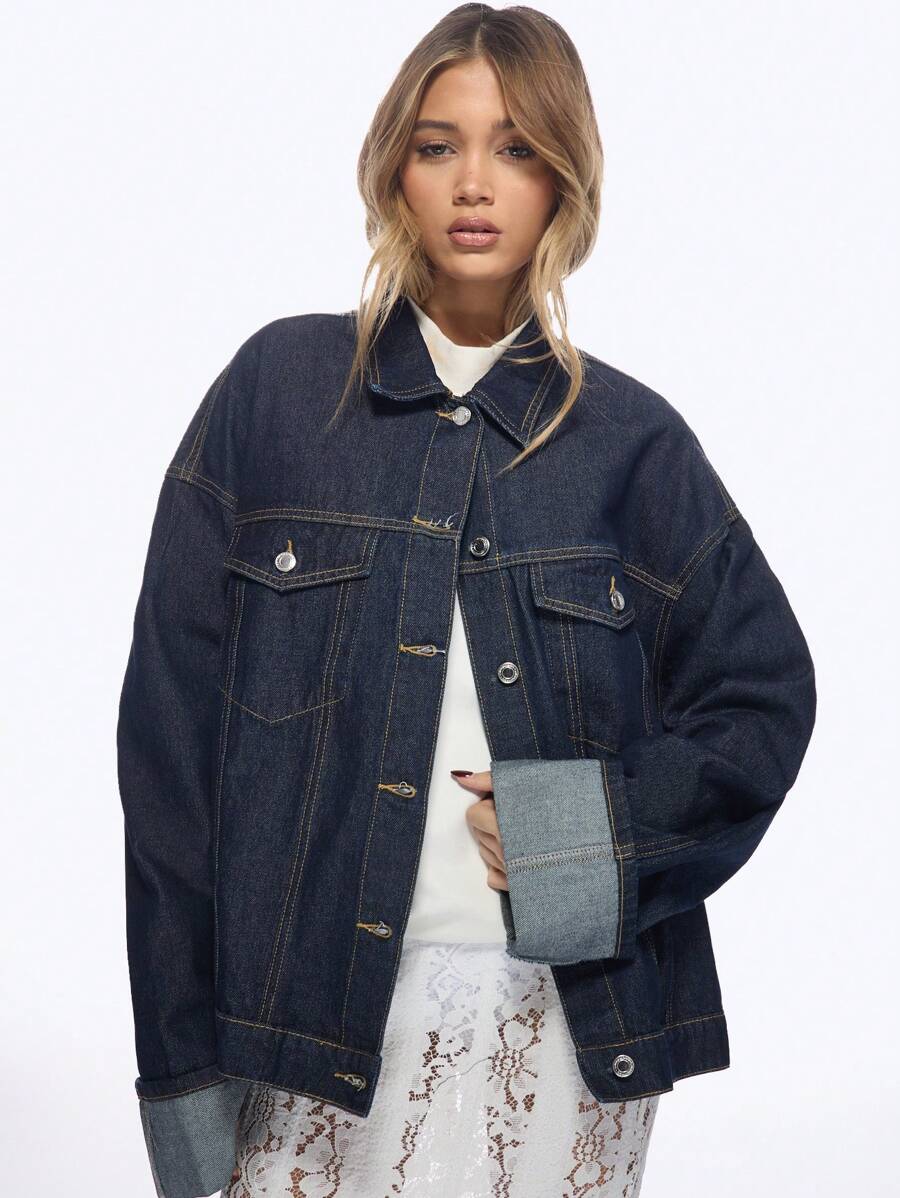 MISSGUIDED 设计师款超大号卡车司机牛仔夹克，翻边袖口，经典复古风格，纽扣前襟，适合秋冬分层穿着，街头时尚必备