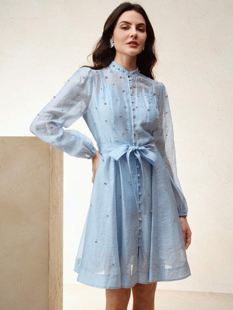 Women's Short Rhinestone Embellished Dress With Belt, Lapel Design, Blue, Elegant And Versatile, Spring