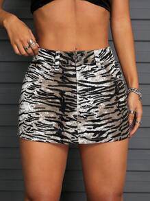 SHEIN ICON 女士虎纹洗水牛仔短裤