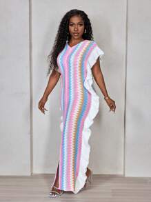 BamGleam Women Striped V-Neck Ruffle Patchwork Slim Sweater Dress - Multicolor - View 3