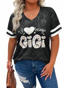 EMERY ROSE Camiseta de manga corta de uso diario informal de estilo deportivo con estampado de letras gris oscuro para mujer talla grande, primavera/verano