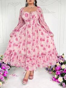 Flirla Plus Size Romantic Floral All-Over Print Long Sleeve Knotted Front Dress,Valentine - Pink - View 6
