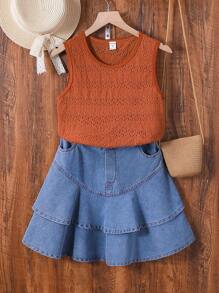 SHEIN Tween Girls 2 件套，棕色蕾丝镂空波西米亚风格吊带背心搭配水洗蓝色 A 字形荷叶边牛仔裙，适合户外活动、休闲装、牧场音乐节、社交聚会、春夏新款 - 棕色 - 查看 2