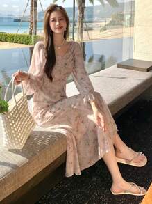 DAZY 女士度假花卉印花甜心领长袖优雅浅粉色连衣裙，荷叶边 - 藕粉色 - 查看 8