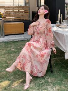 DAZY 女士全印花泡泡袖系带中长连衣裙，秋季长袖连衣裙，度假装扮 - 粉色 - 查看 7