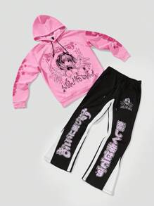 ROMWE MEN Men's Anime Print Drawstring Hooded Sweatshirt - Multicolor - View 1