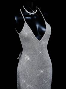 SHEIN ICON Sparkling Silver Crystal Diamond Dress For Women: Mermaid Style Formal Evening Gown,Prom Dress