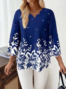 EMERY ROSE Women Loose Floral Bell Sleeve Shirt, Work Blouse