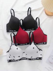 3pcs/Set Heart Striped Wireless Bras, Minimalist Fashion Casual Daily Wear - Multicolor - View 2