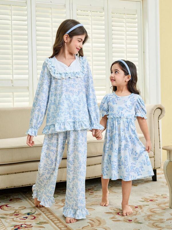 Young Girls Floral Pattern Round Neck Short Sleeve Soft Comfortable Casual Nightgown Sibling Matching Outfits (2 Sets Are Sold Separately)