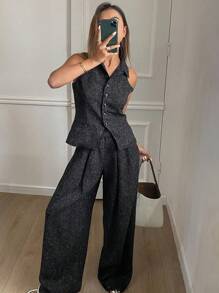 DAZY Set de 2 piezas de chaleco ajustado sin mangas y pantalones de pierna ancha elegante para vacaciones de verano para mujer