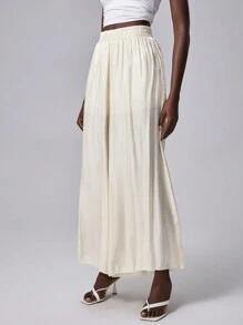 Chiquease 雪纺透明宽松阔腿裤裙，高腰褶皱阔腿裤，需熨烫，新款优雅造型 - 杏色 - 查看 1