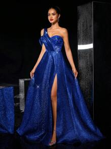 Glamrae Elegante y lujoso vestido largo asimétrico en color azul marino con mangas de encaje transparente, aplicaciones de lentejuelas, saten y fruncido. Apropiado para bodas, fiestas, vacaciones, bailes de gala, invitados de boda, ocasiones formales y vestidos de noche. - azul real - Ver 5