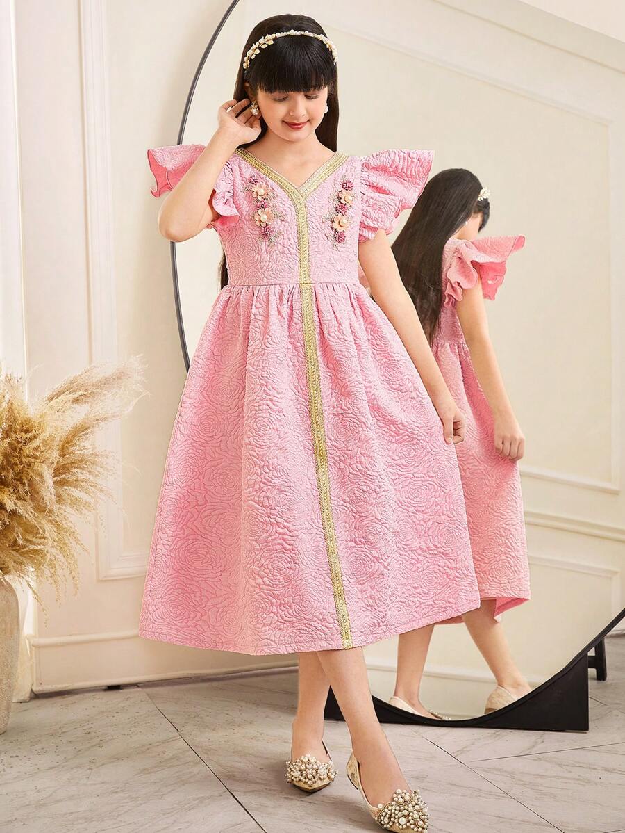 SHEIN Leap Crew Tween Girls Elegant Gold Thread 3D Floral Lace Trim Ruched Tiered Ruffled Cap Sleeve V-Neck A-Line Dress - Pink - View 1