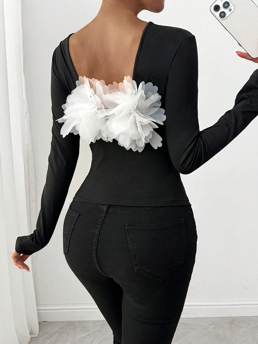SHEIN Unity Nouveau t-shirt ajusté blanc pour femmes 2024 avec design floral ajouré au dos - Noir - Voir 1