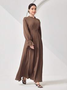 Veilorie 朴素休闲纯色褶皱连衣裙 - 棕色 - 查看 3