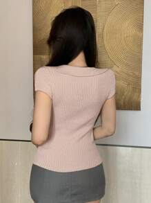 DAZY Women's Slim Fit V-Neck Short Sleeve Knit Top - Apricot - View 5